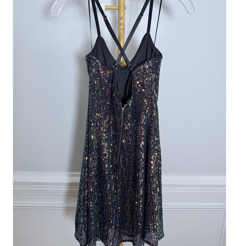 Cefian Sequin Mini Dress Women Size M Iridescent Black Cross Back Party CD20799